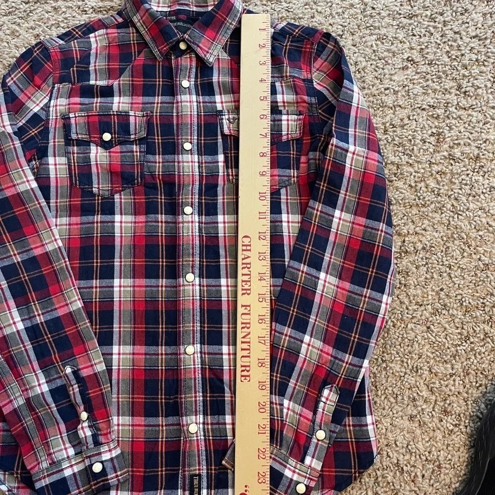 True Religion Plaid Pearl Snap With Pocket Logo & Large Graphic Youth Large Shrt